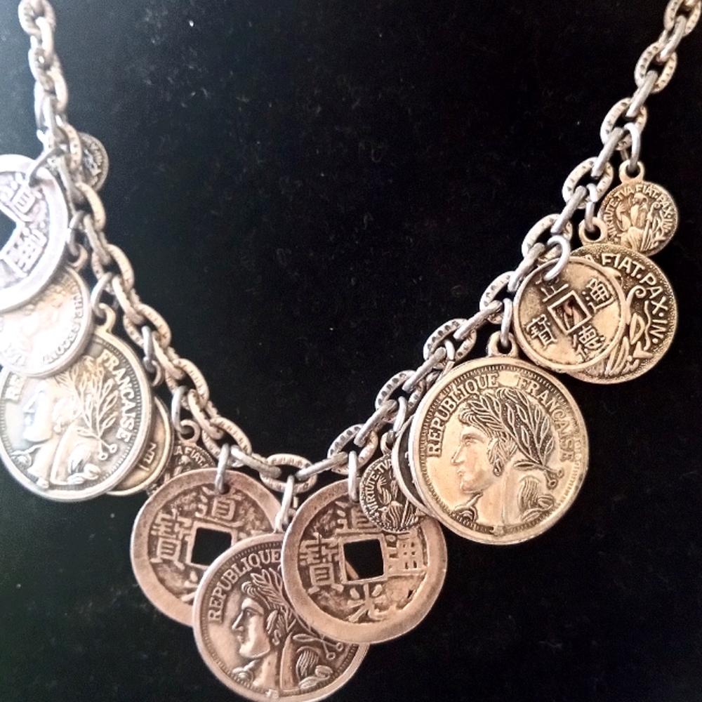 Vintage silver tone coin necklace